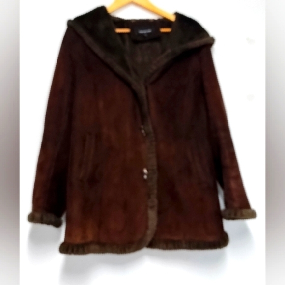 Vintage Jones New York women's jacket hooded faux suede brown Size: L - Picture 1 of 10